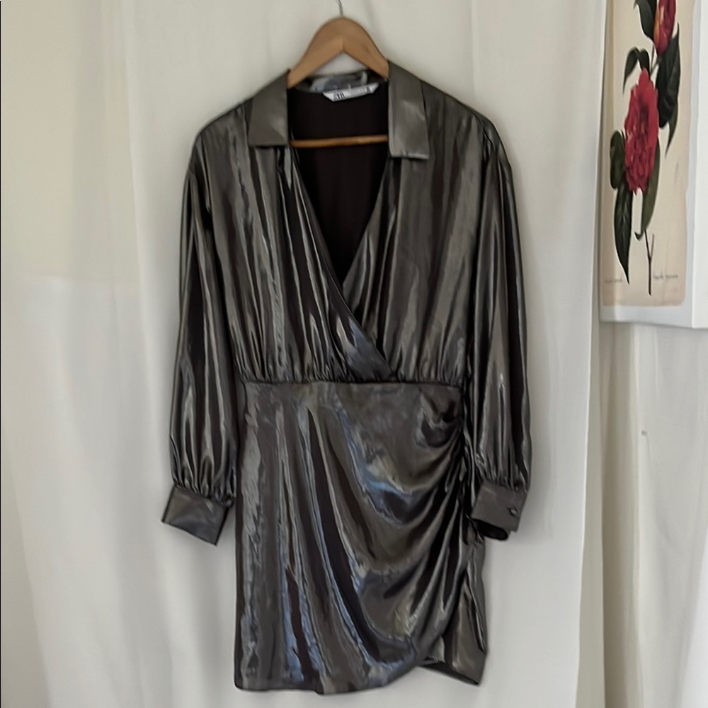 Zara Shiny Silver Sheer Long Sleeve Faux Wrap Dress a230